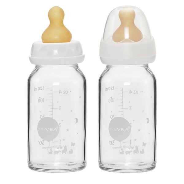 Babyfläschchen aus Glas / Weiß (120 ml) + Trinksauger - Naturkautschuk / 2er Pack