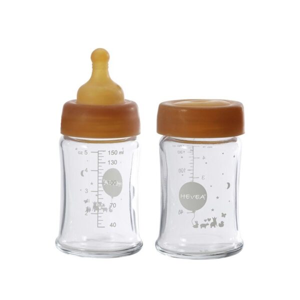Babyfläschchen aus Glas / weiter Hals (150 ml) + Trinksauger u. Schutzkappe - Naturkautschuk / 2er