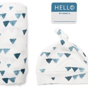 Set Mützchen + Mulltuch + Fotosticker / Baumwolle / Triangle Blue