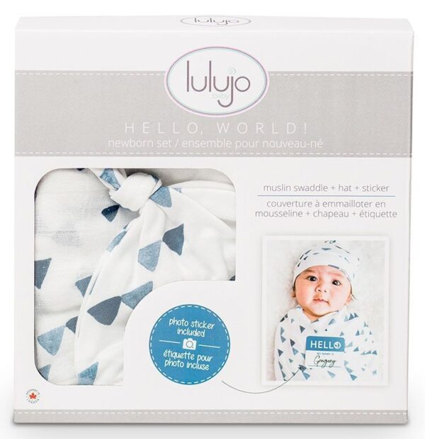 Set Mützchen + Mulltuch + Fotosticker / Baumwolle / Triangle Blue – Bild 2