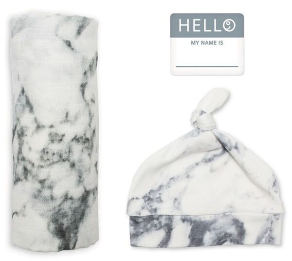 Set Mützchen + Mulltuch + Fotosticker + Baumwolle / Marble