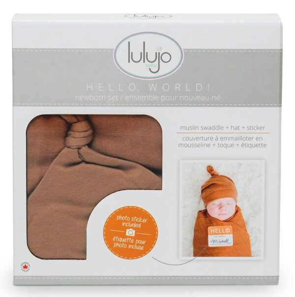 Set Mützchen + Mulltuch + Fotosticker + Baumwolle / Tan – Bild 2