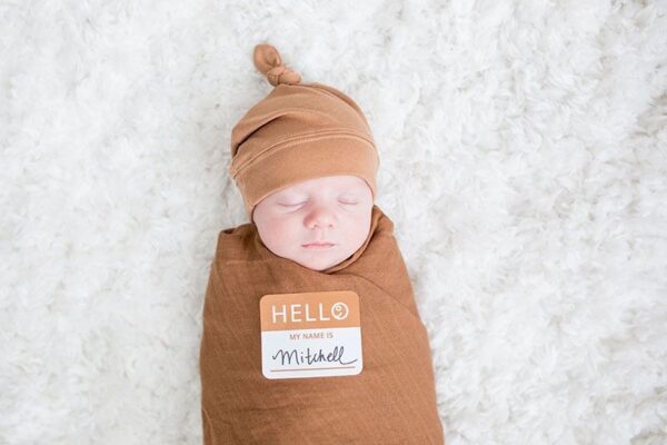 Set Mützchen + Mulltuch + Fotosticker + Baumwolle / Tan – Bild 3