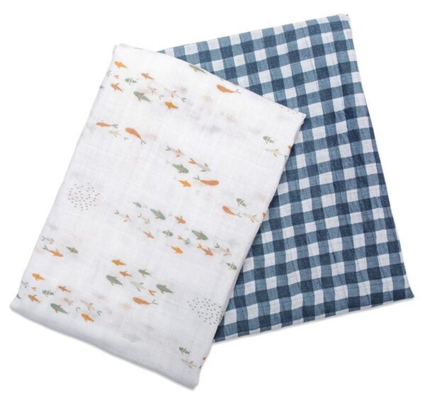 Mulltuch / 2er Set / Baumwolle / 100 x 100 cm / Fish + Navy Gingham