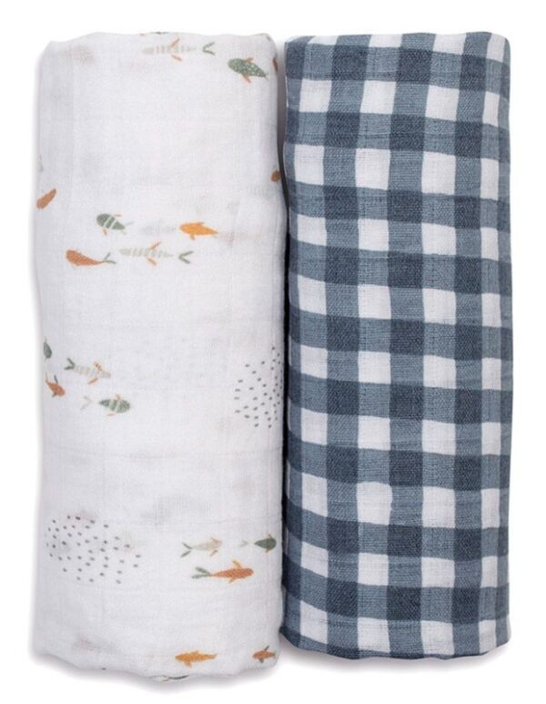 Mulltuch / 2er Set / Baumwolle / 100 x 100 cm / Fish + Navy Gingham – Bild 3
