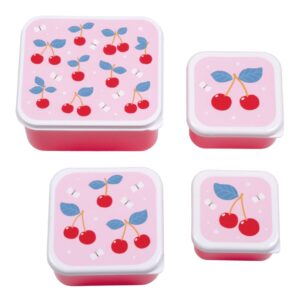 Vier Lunchboxen mit Kirschmotiven für die bunte Jause zwischendurch.