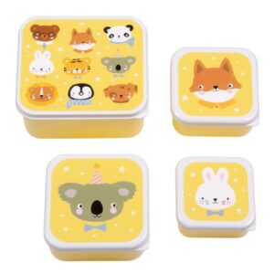 Gelbe Boxen mit Tiermotiven für verschiedene Snacks die ihre Kinder erfreuen.