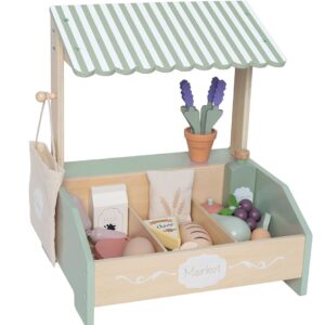 Der bunte Marktstand,gefüllt mit verschiedenen Lebensmitteln aus Holz,fördert spielerisch soziale und mathematische Fähigkeiten.