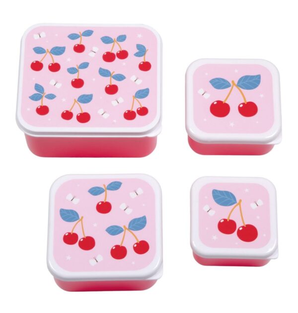 Vier Lunchboxen mit Kirschmotiven für die bunte Jause zwischendurch.